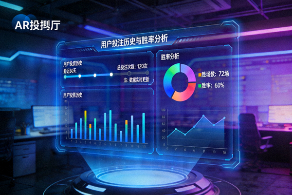 AR虚拟投注厅内数据统计面板，显示用户投注历史与胜率分析